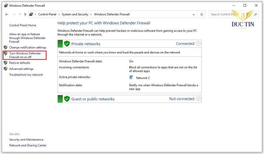 Chọn vào mục Turn Windows Defender Firewall on or off 